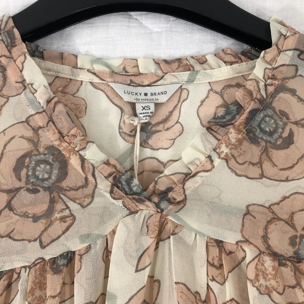 Lucky Brand Top Womens XS Floral Tan Pink Blush Peasant Bell Sleeve Sheer NWT - Picture 3 of 16